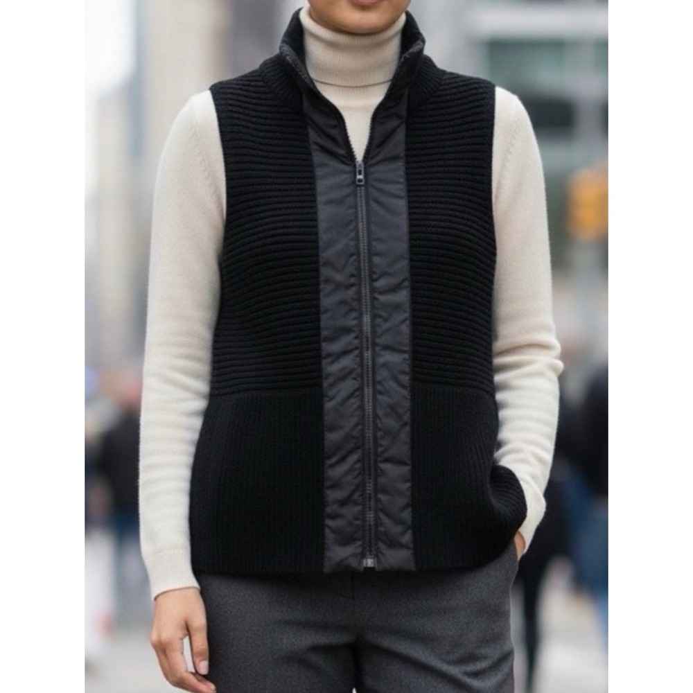 Eileen Fisher Woman Black Merino Wool Quilted Mixed Media Zip Sweater Vest 1X